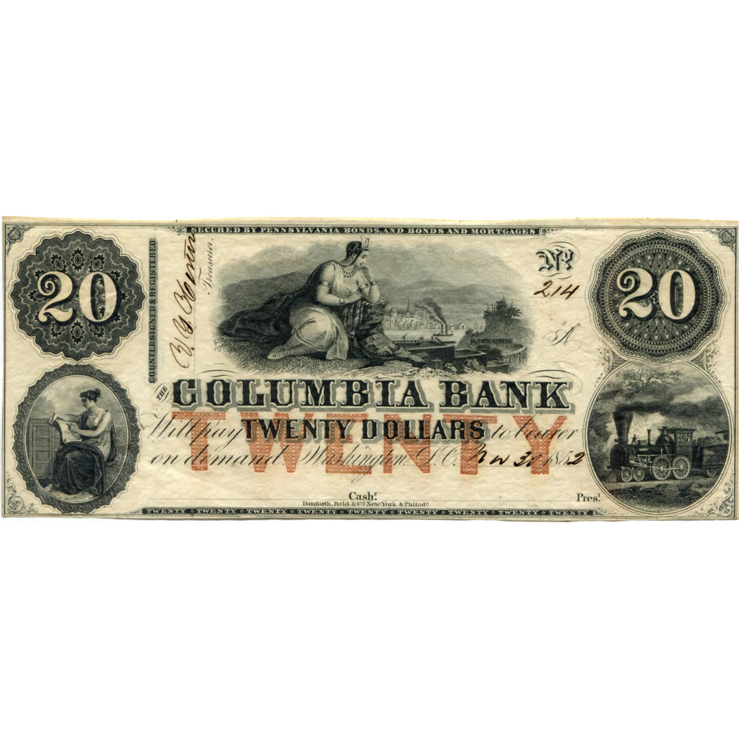 Washington DC 1852 $20 Columbia Bank DC-195 AU