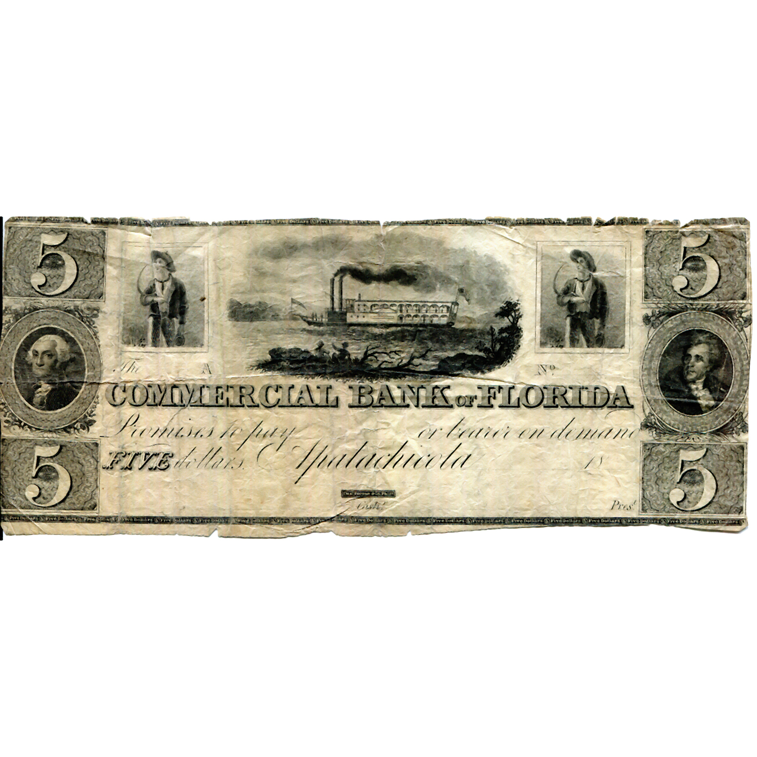 Florida Apalachicola 1830s $5 Remainder--Commercial Bank of Florida FL-5 G10 VG