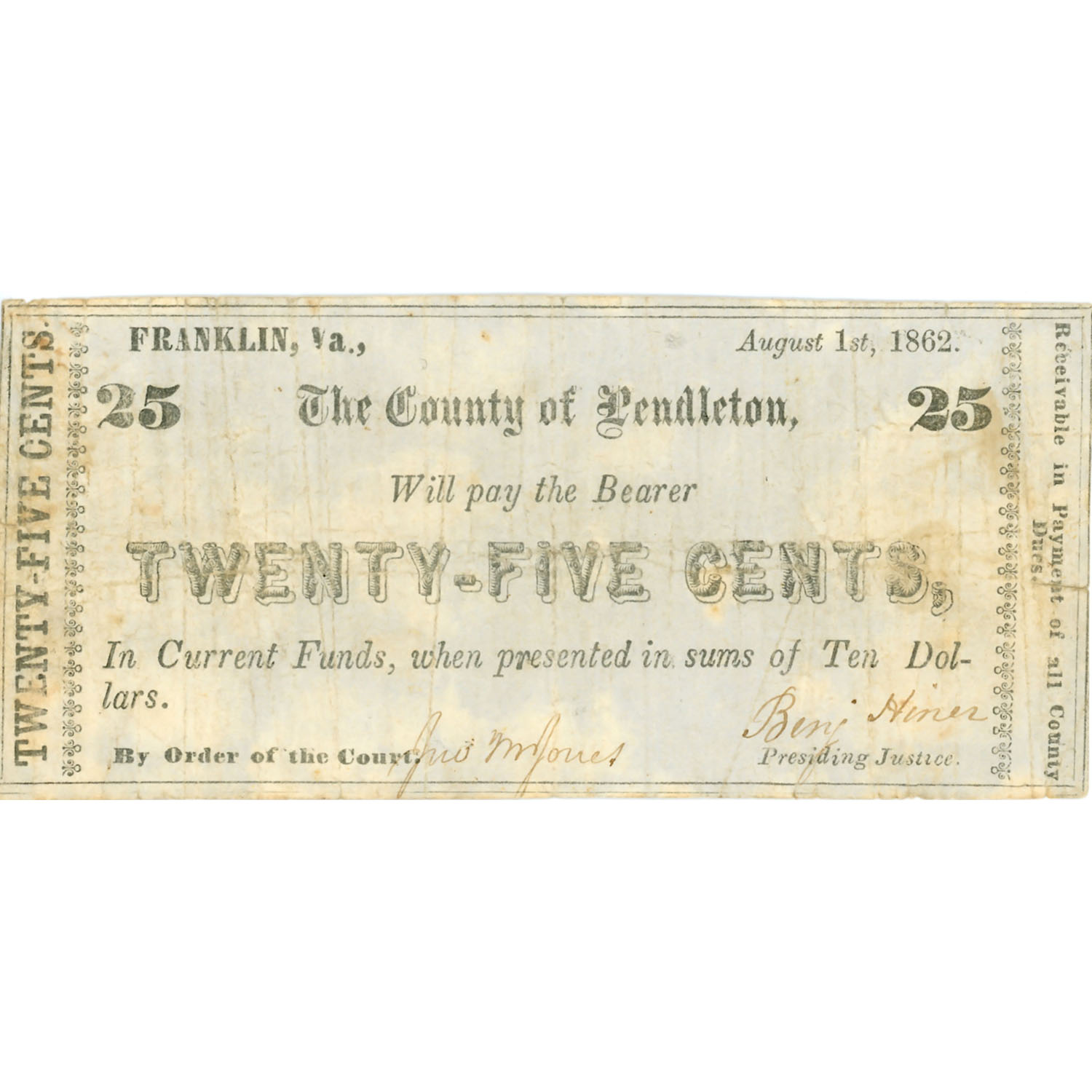 Virginia Franklin 25 Cents 1862 County Note AVF