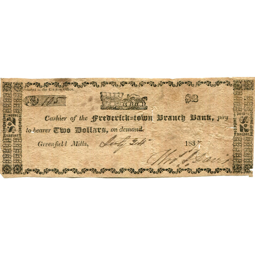 Maryland Greenfield Mills 1837 $2 Frederick Town Branch Bank unlisted Fine