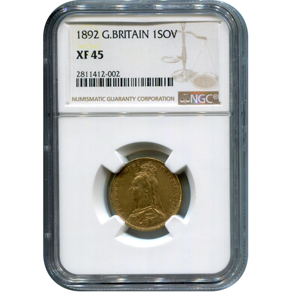 Great Britain gold sovereign 1892 XF45 NGC