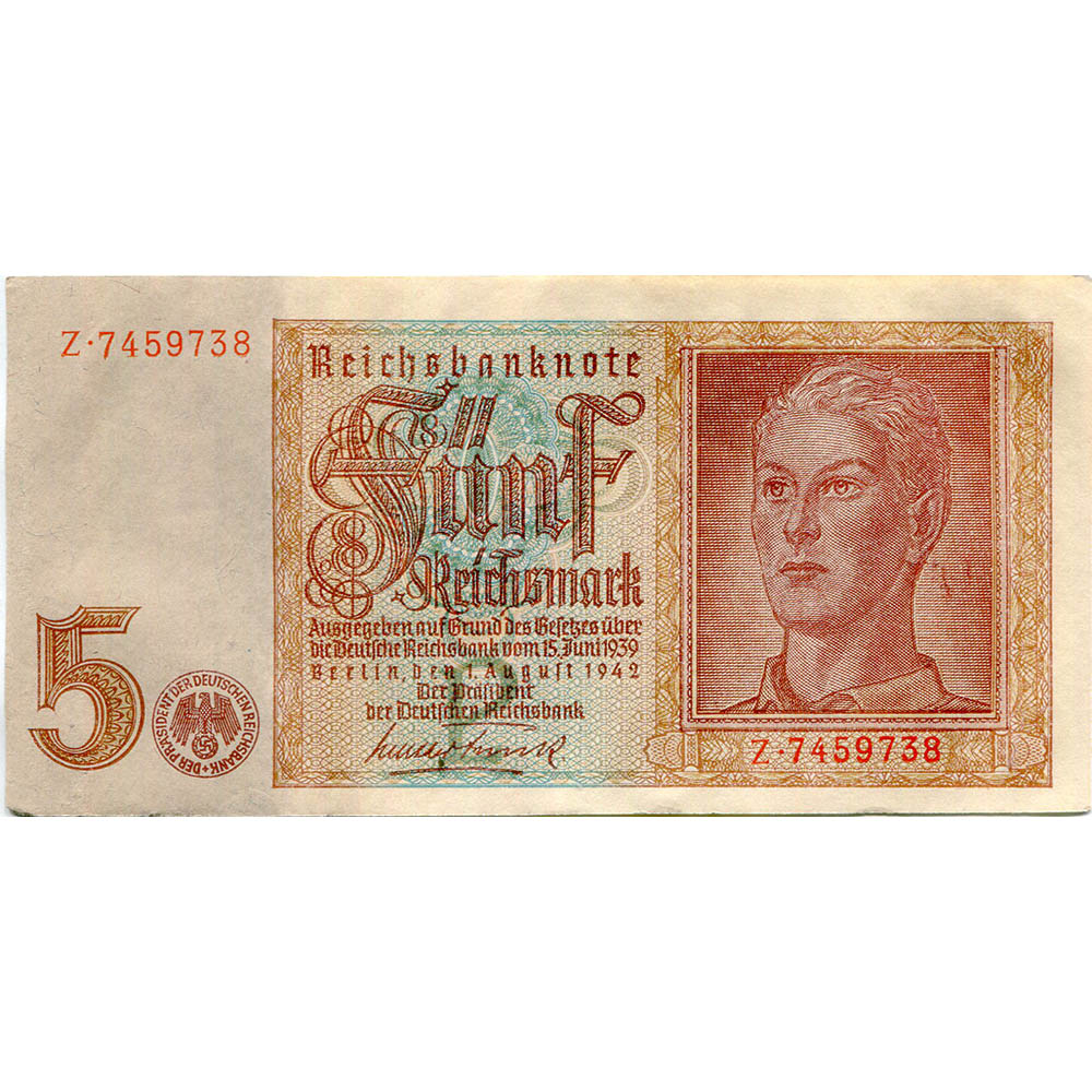 Germany 5 Reichsmark Bank Note 1939 P#186a XF-AU