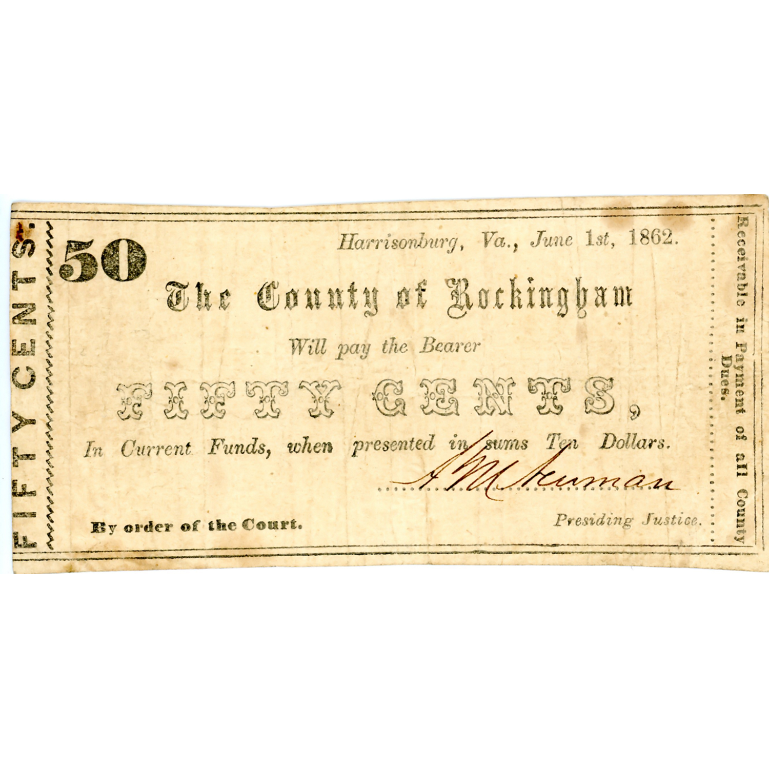 Virginia Harrisonburg 50 Cents 1862 County Note VF