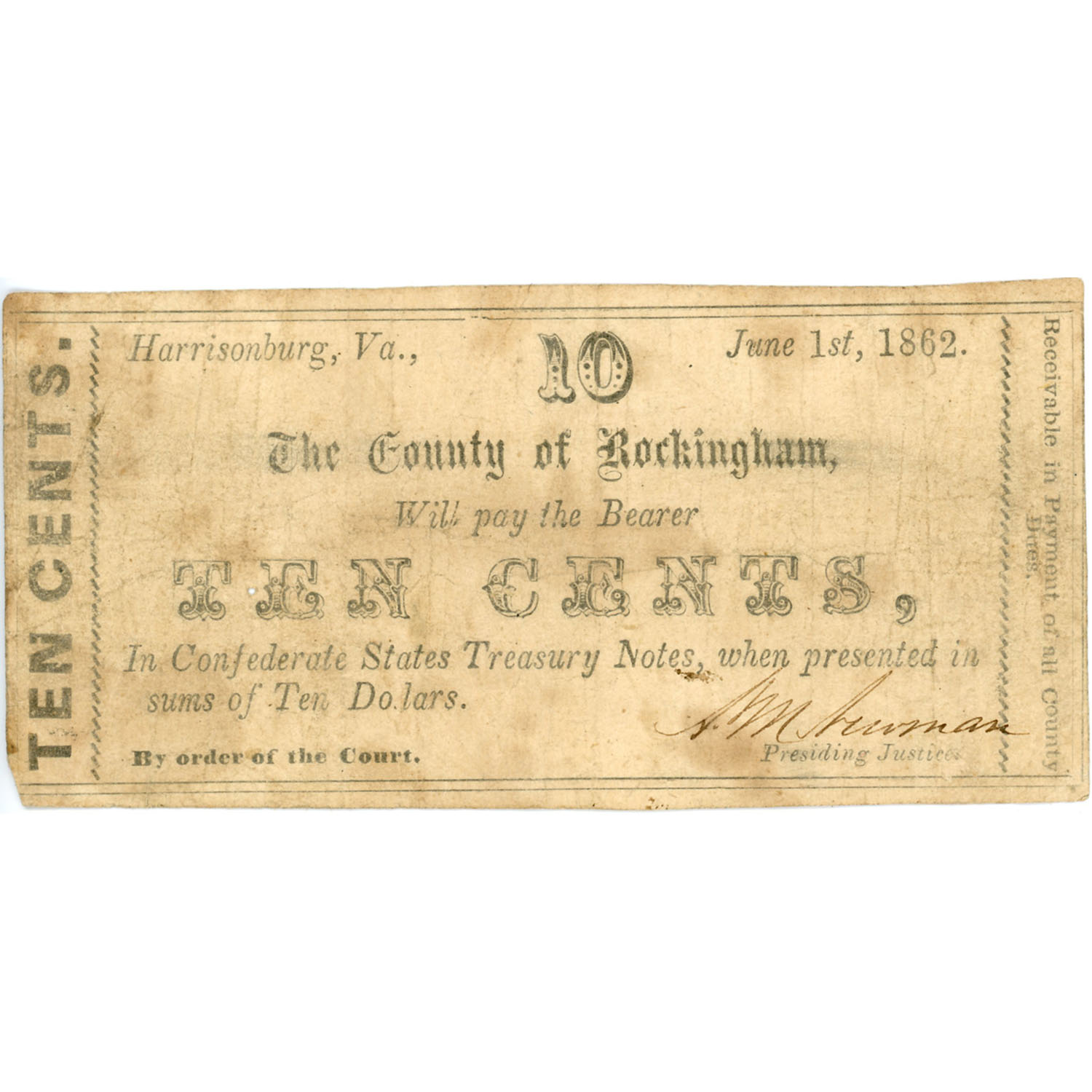 Virginia Harrisonburg 10 Cents 1862 County Note VF