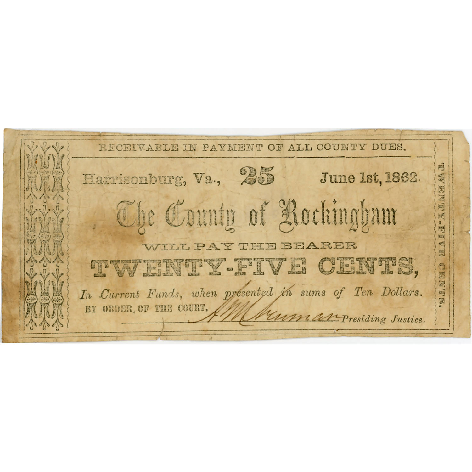 Virginia Harrisonburg 25 Cents 1862 County Note F