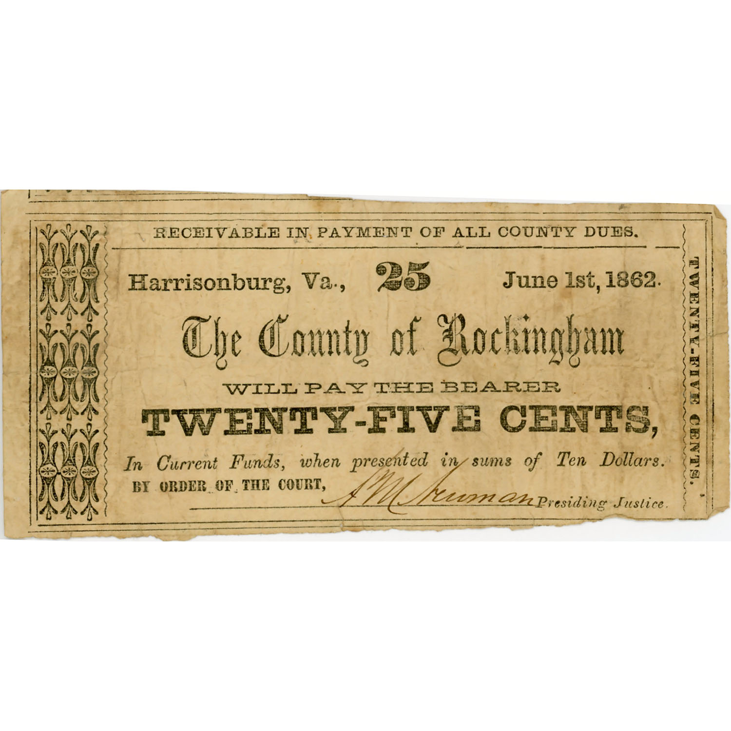Virginia Harrisonburg 25 Cents 1862 County Note VF