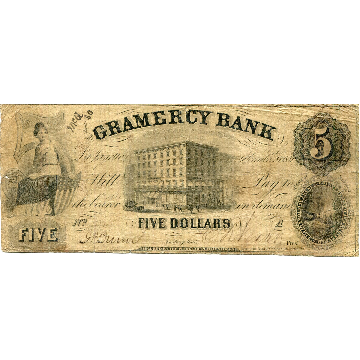 Indiana Lafayette 1852 $5 Gramercy Bank IN-305 G4 VG