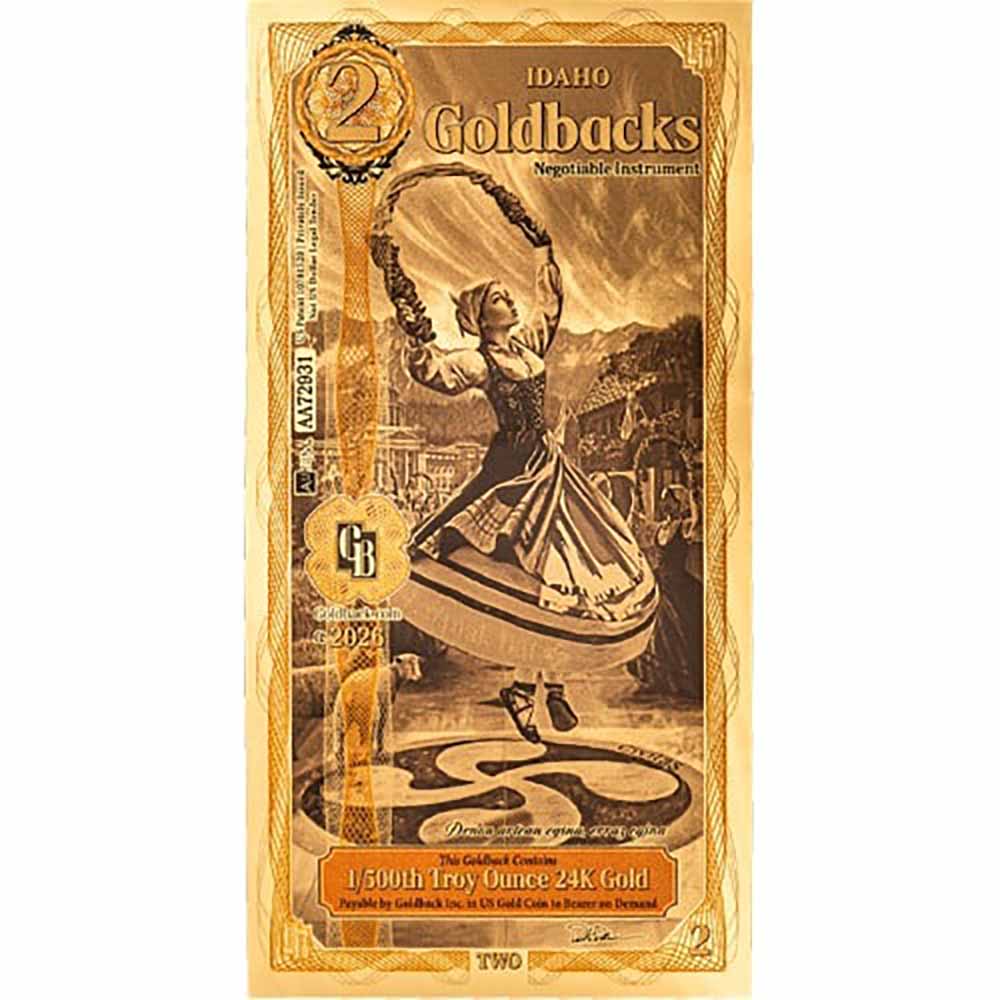 Idaho 2 Goldbacks Gold Foil Note 1/500 Troy Ounce