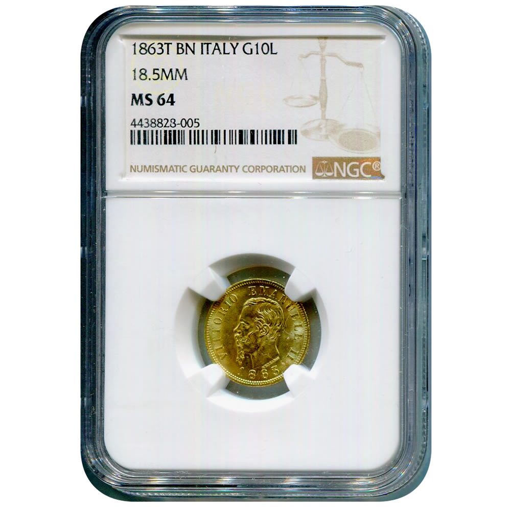 Italy 10 Lire Gold 1863 T BN 18.5mm MS64 NGC