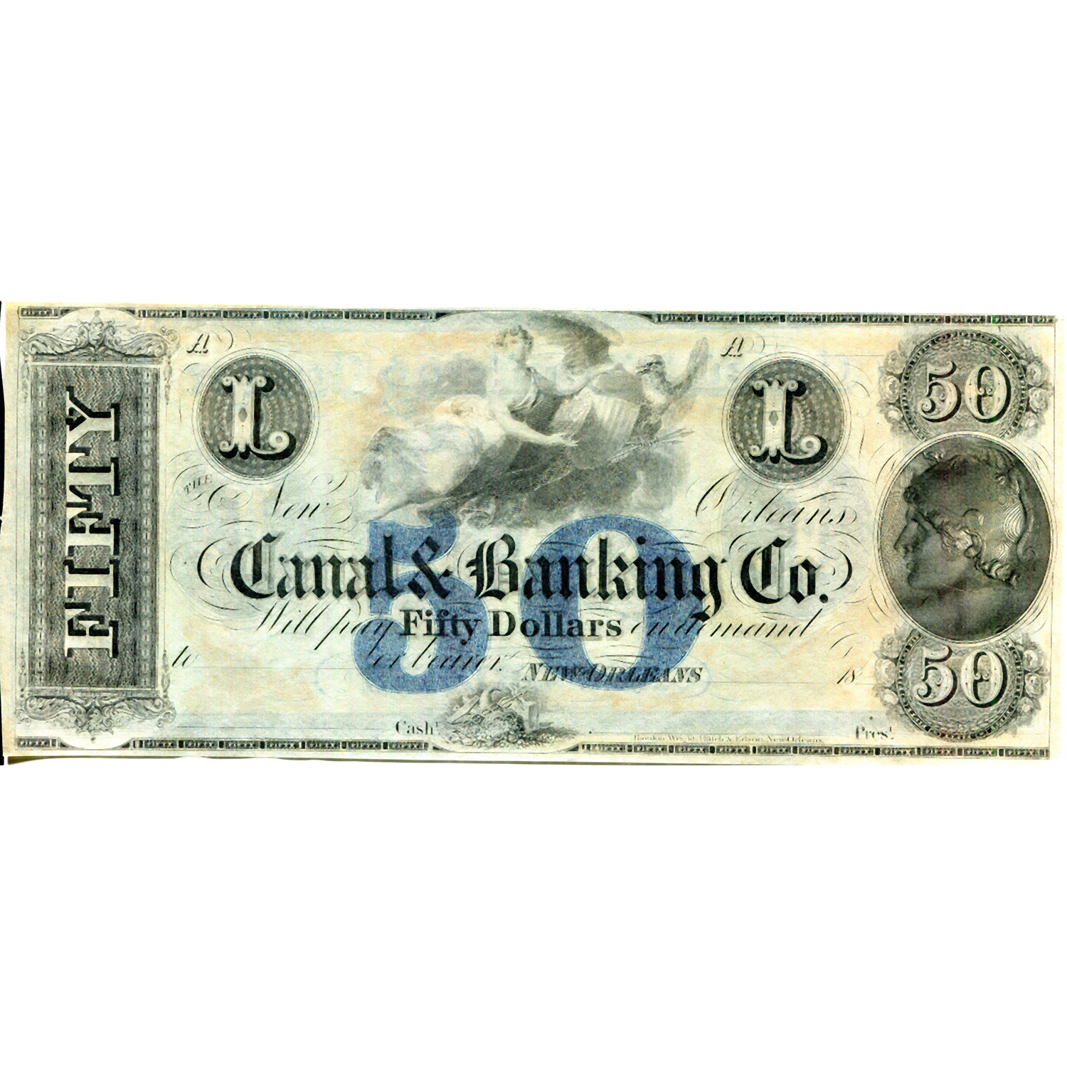 Louisiana New Orleans 1840s $50 Remainder Canal & Banking Co. LA-105-G44a UNC