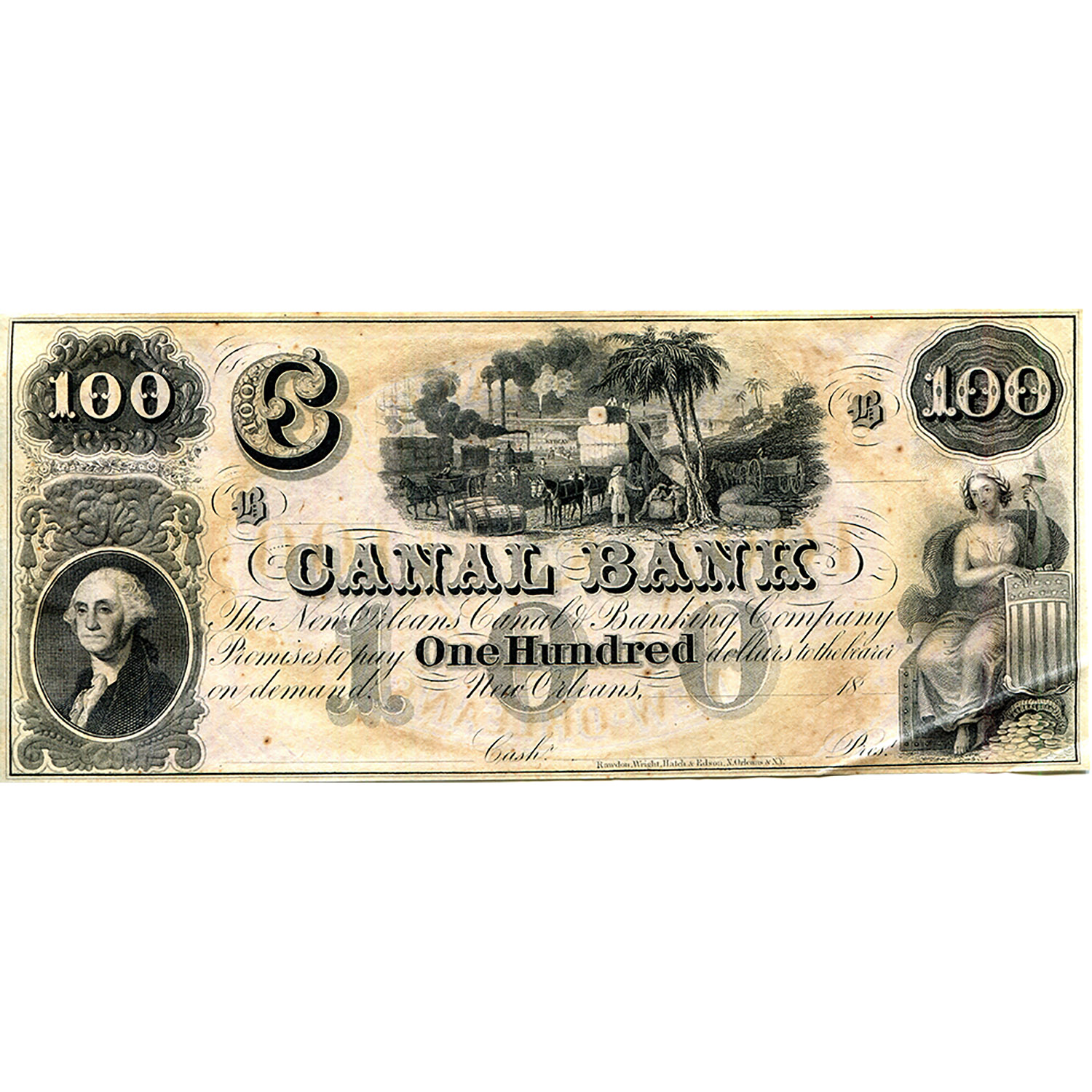 Louisiana New Orleans 1850s $100 Remainder Canal Bank LA105-G60a AU