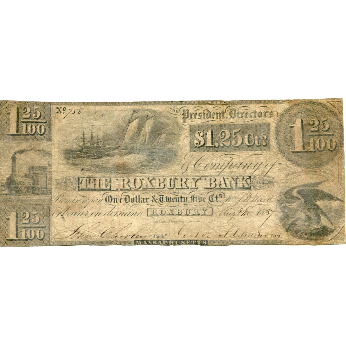 Massachusetts Roxbury 1837 $1.25 The Roxbury Bank MA-1075 G6 Fine