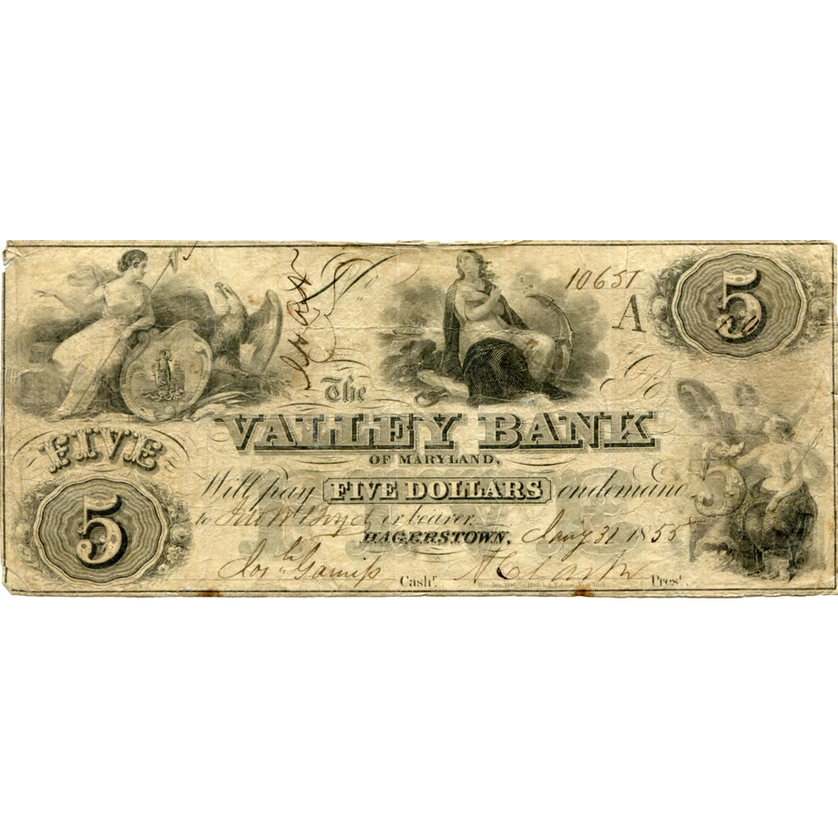 Maryland Hagerstown 1855 $5 Valley Bank MD245 G6 VF