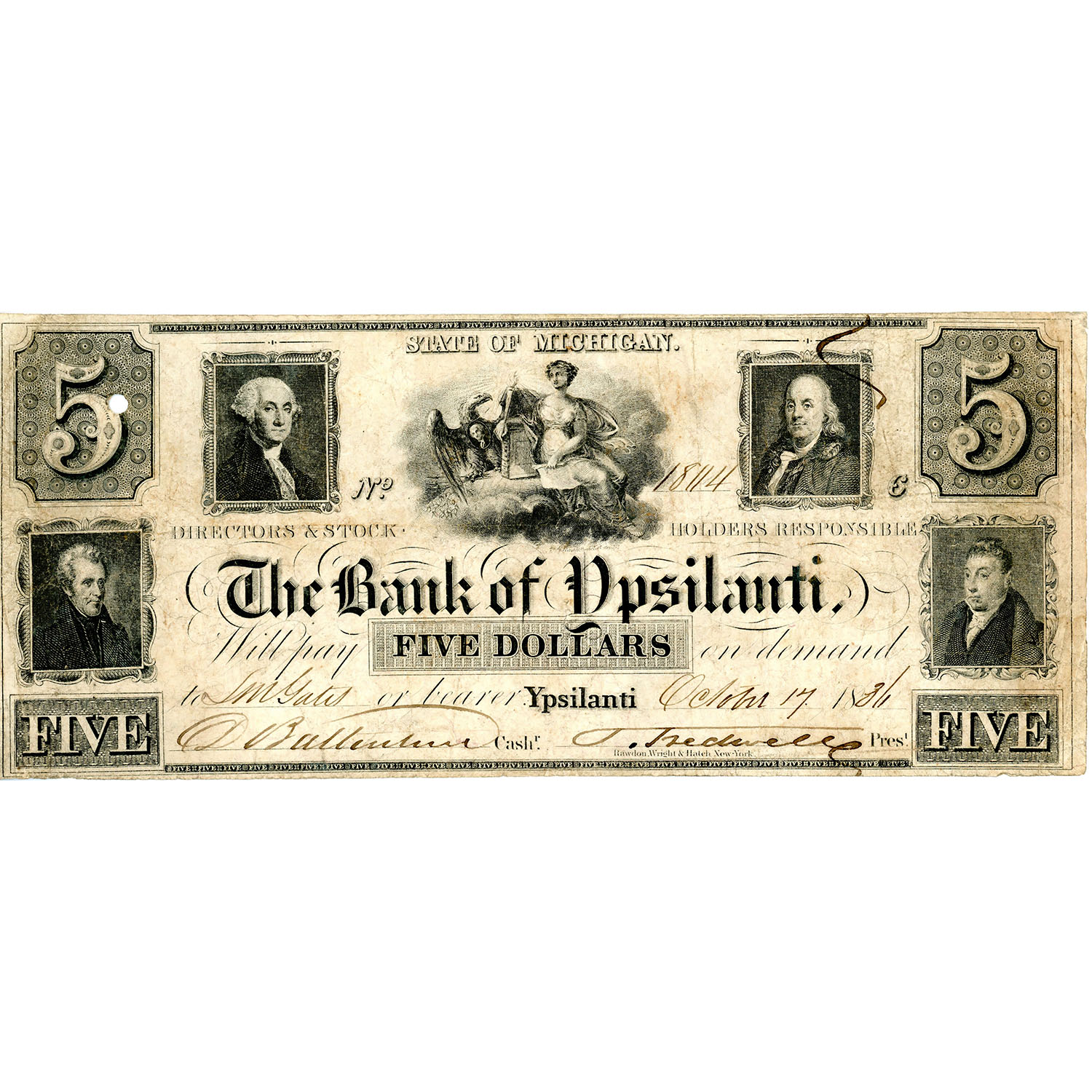 Michigan Ypsilanti 1836 $5 The Bank of Ypsilanti MI465-G8 VF