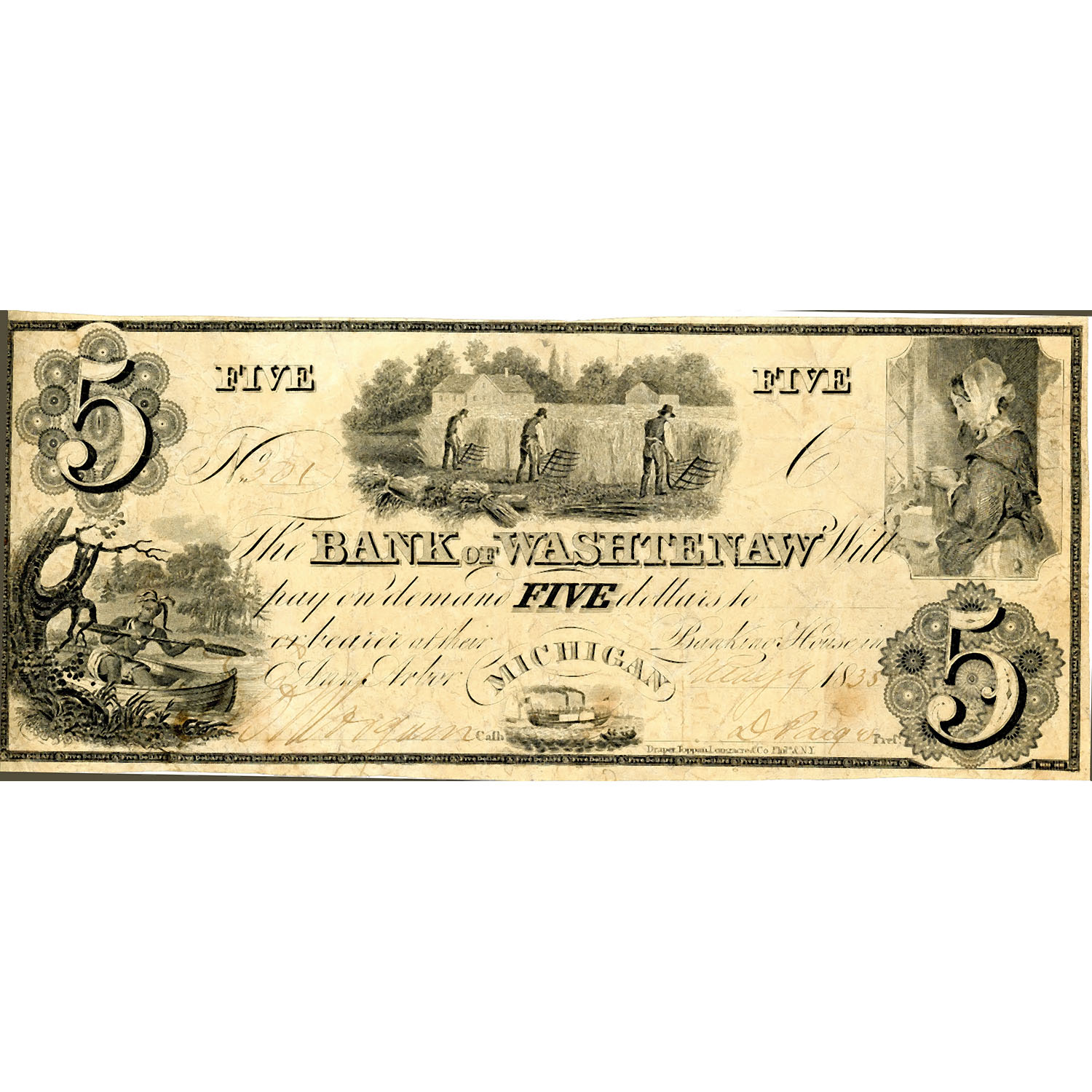 Michigan Ann Arbor 1835 $5 Bank of Washtenaw MI50-G14 F