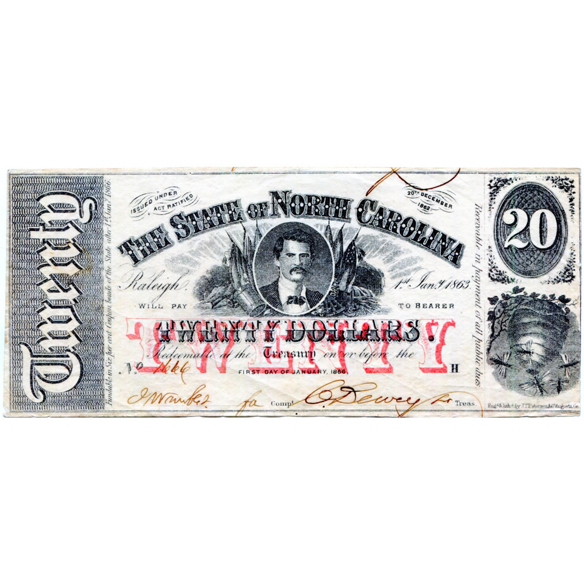 North Carolina Raleigh 1863 $20 State Issued Note NC-35 AU