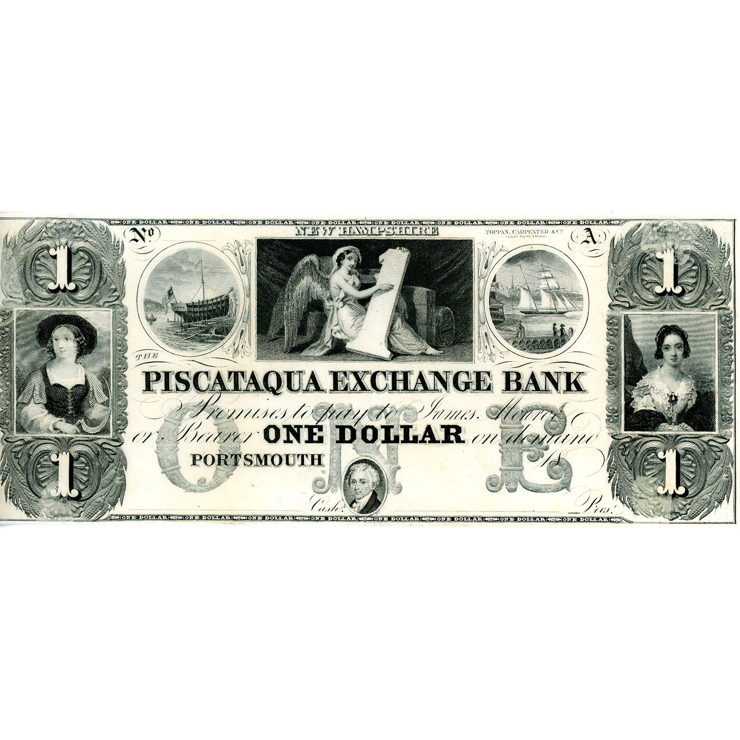 New Hampshire Portsmouth 1840s-1860s $1 Remainder Piscataqua Exchange Bank NH285-G2 UNC