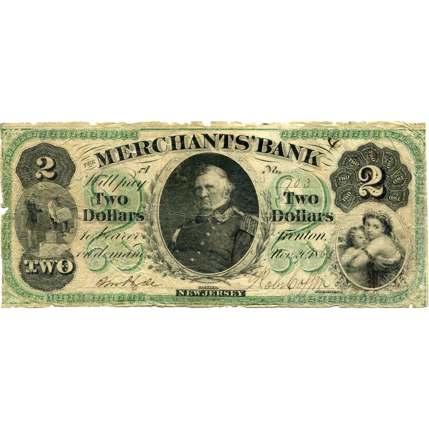 New Jersey Trenton 1861 $2 Merchant's Bank NJ555 G4a VG