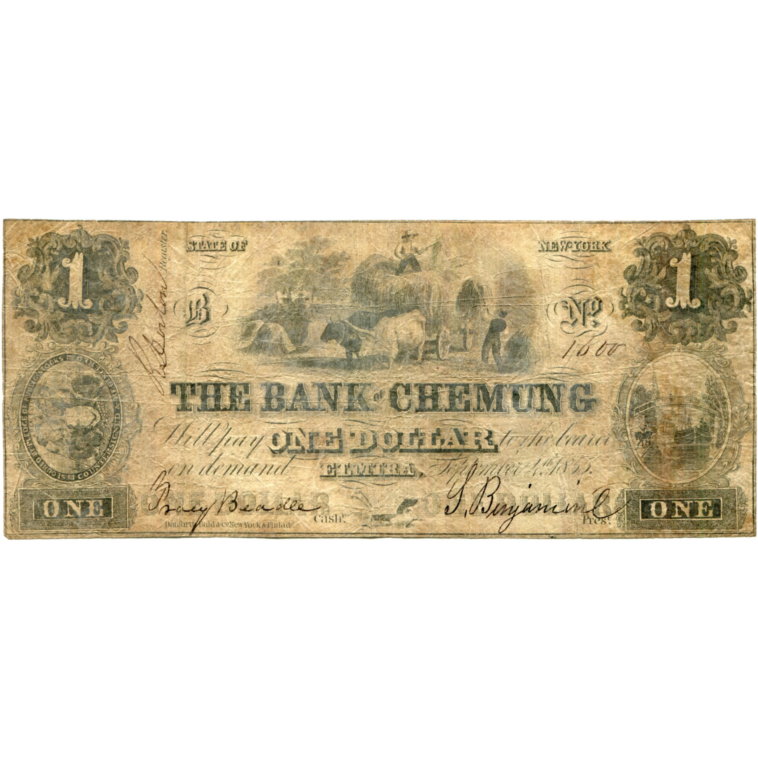 New York Elmira 1855 $1 Bank of Chemung NY-815 G2d Fine