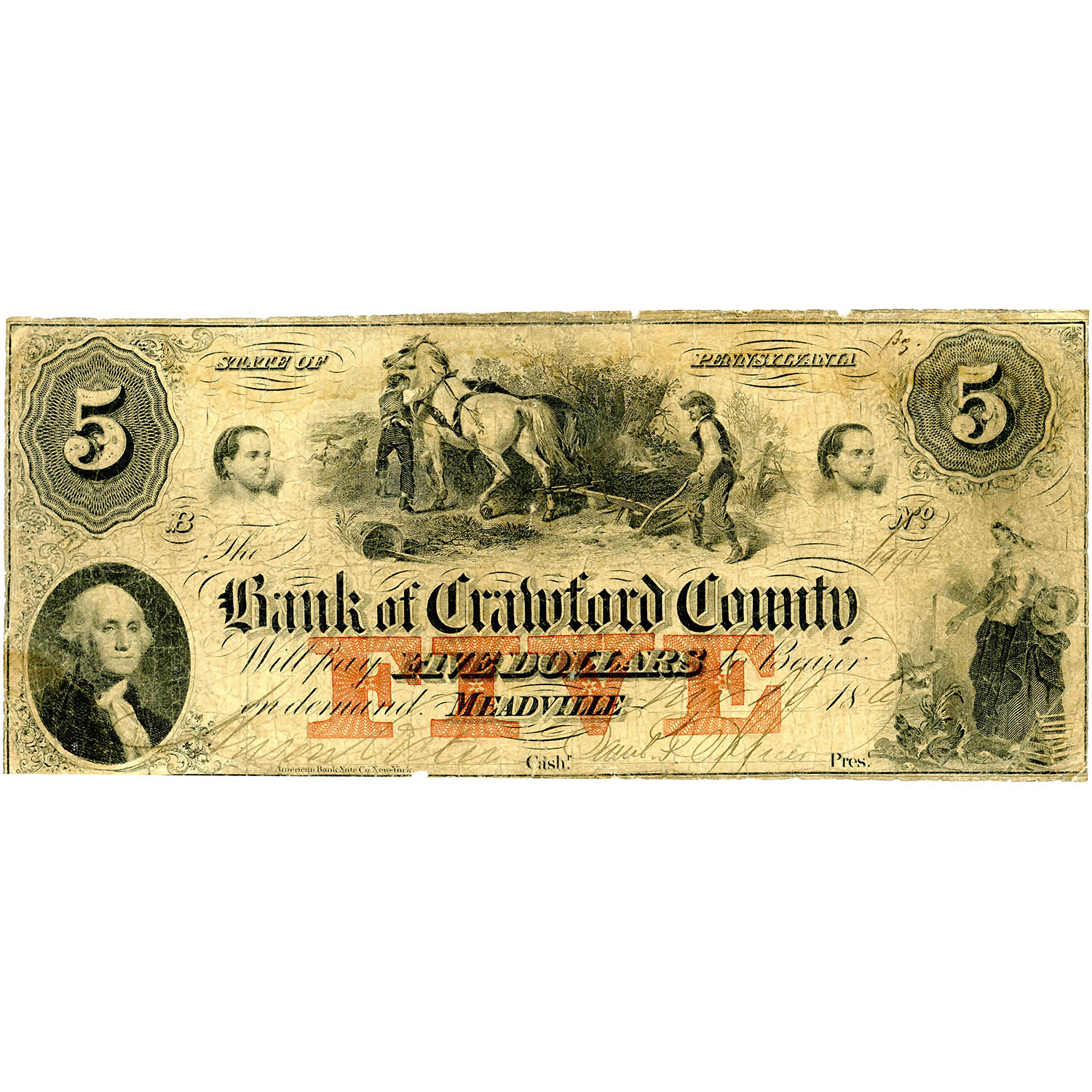 Pennsylvania Meadville 1865 $5 Bank of Crawford Co. 