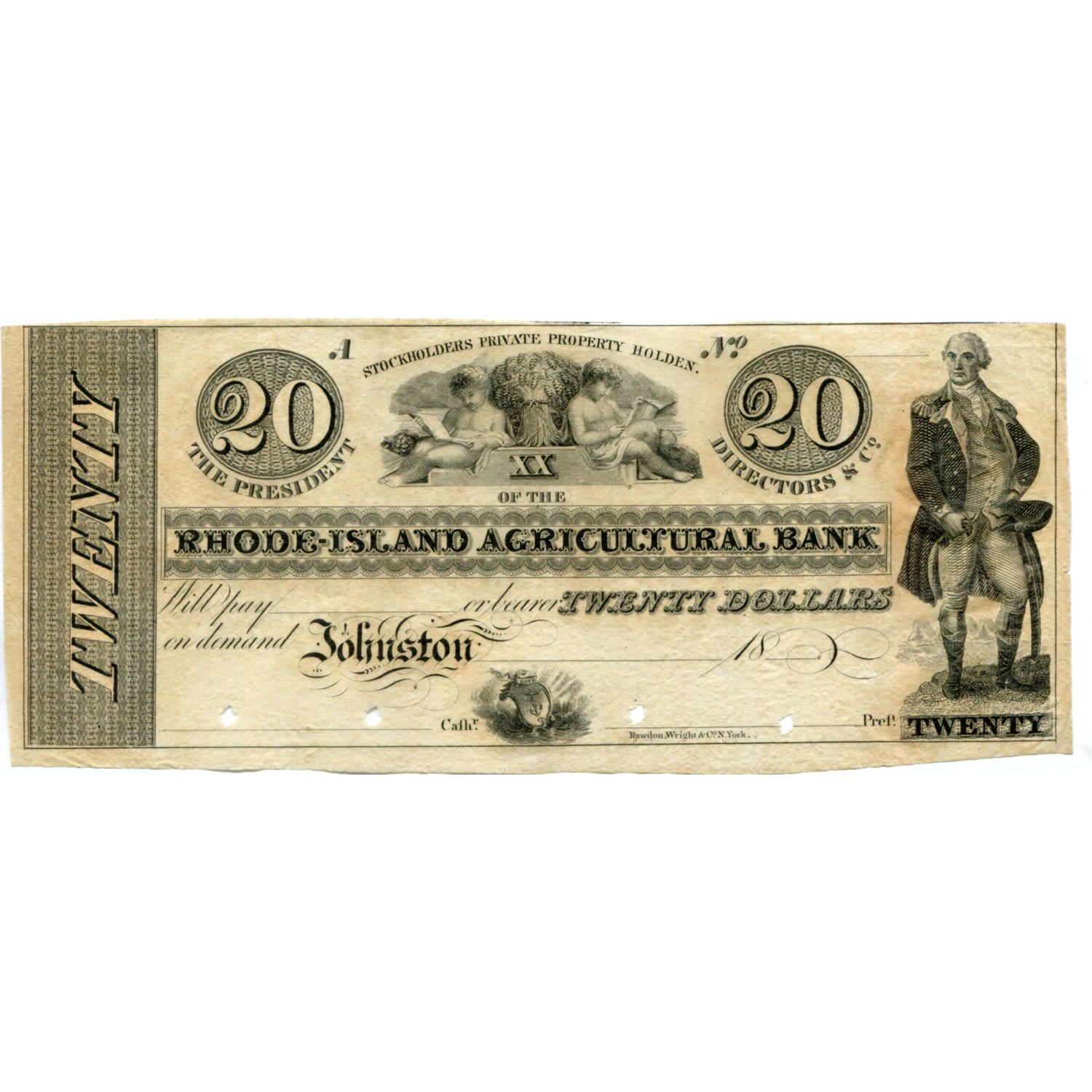 Rhode Island Johnston 18xx $20 Remainder Rhode Island Agricultural Bank RI-135 G36 UNC