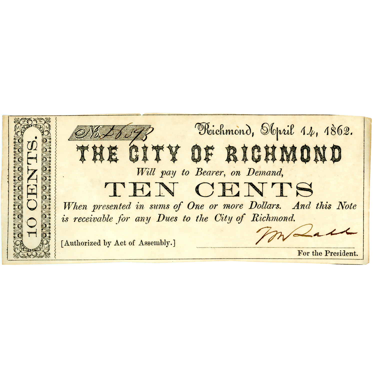 Virginia Richmond 10 Cents 1862 City Note AU