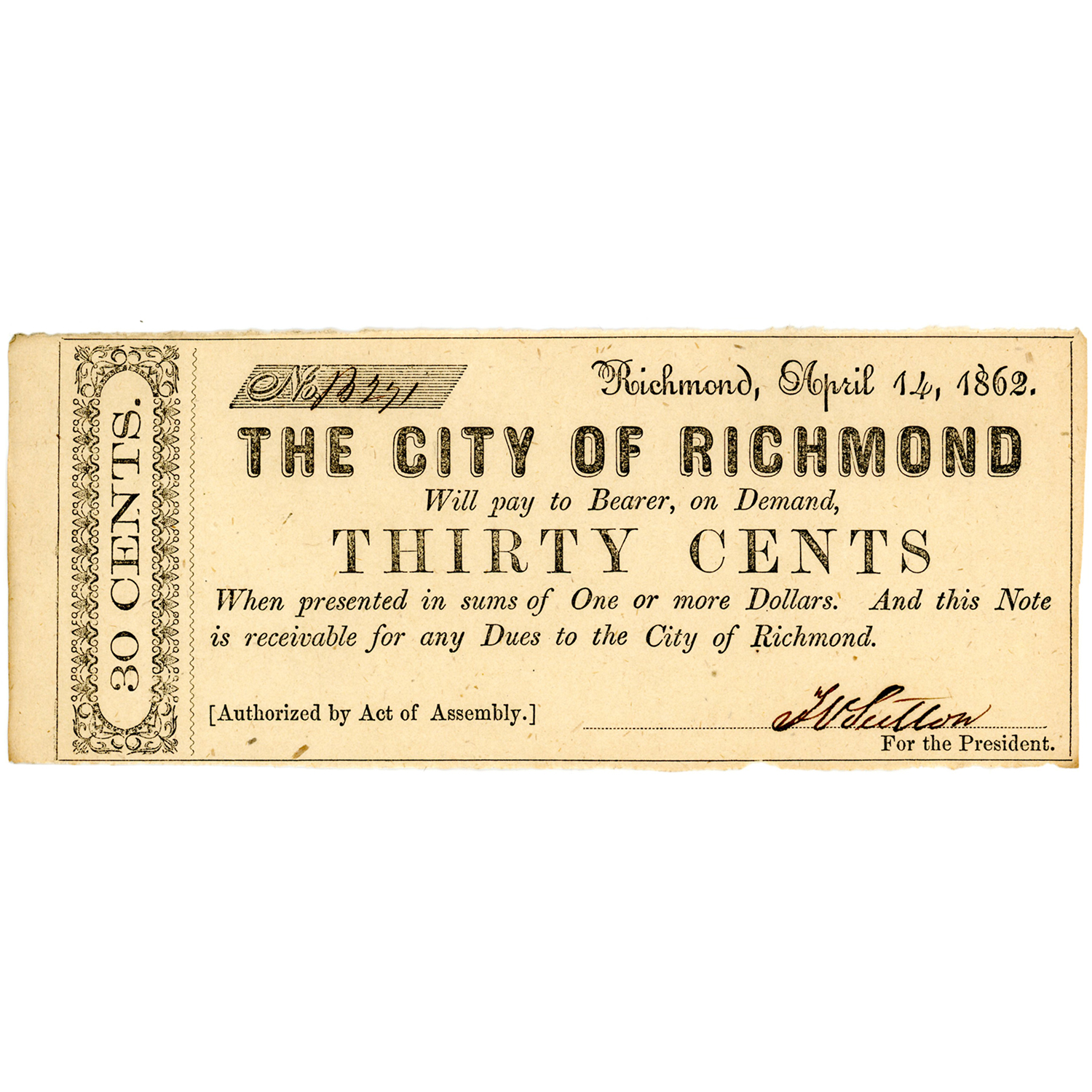 Virginia Richmond 30 Cents 1862 City Note UNC