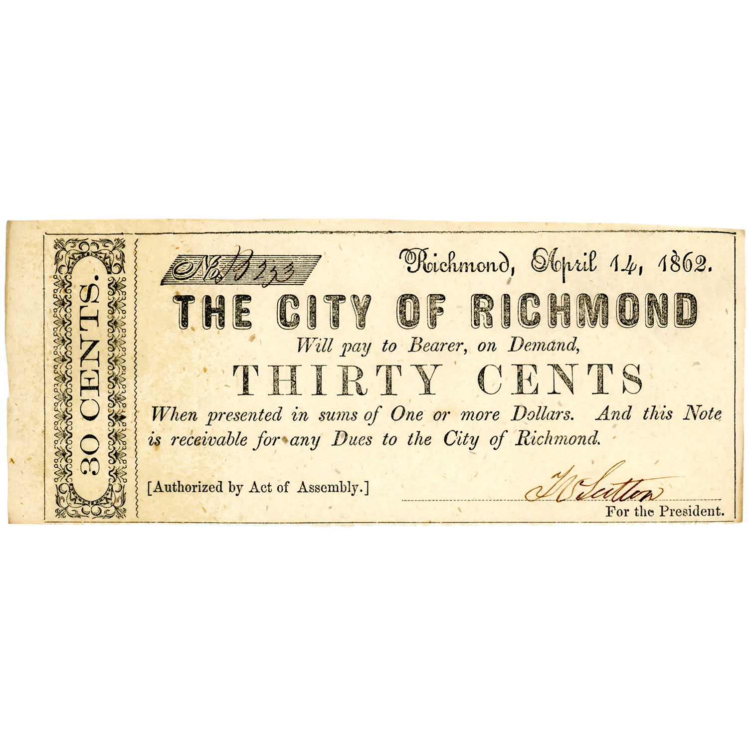 Virginia Richmond 30 Cents 1862 City Note XF