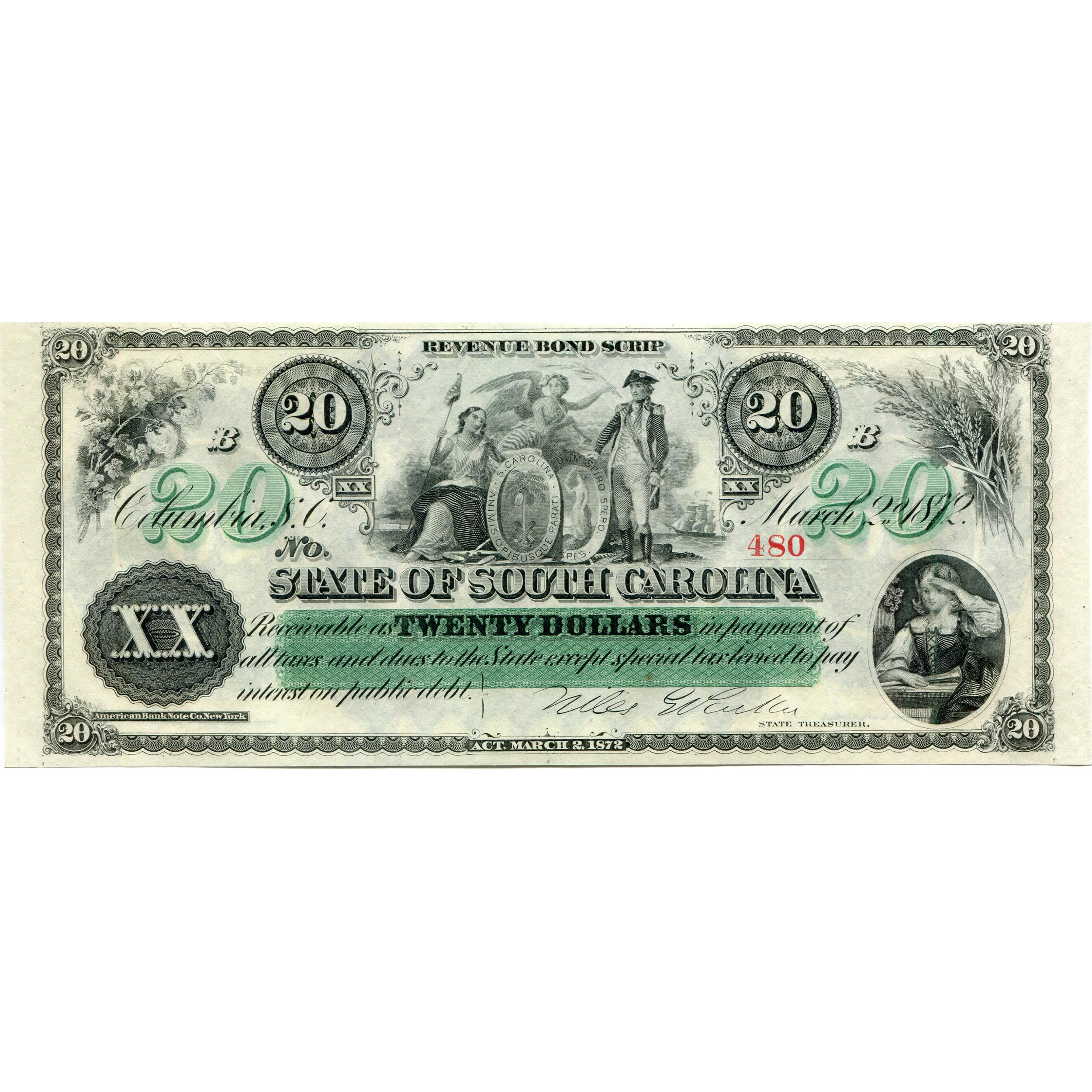 South Carolina 1872 $20 Revenue Bond Scrip CR-7 CU