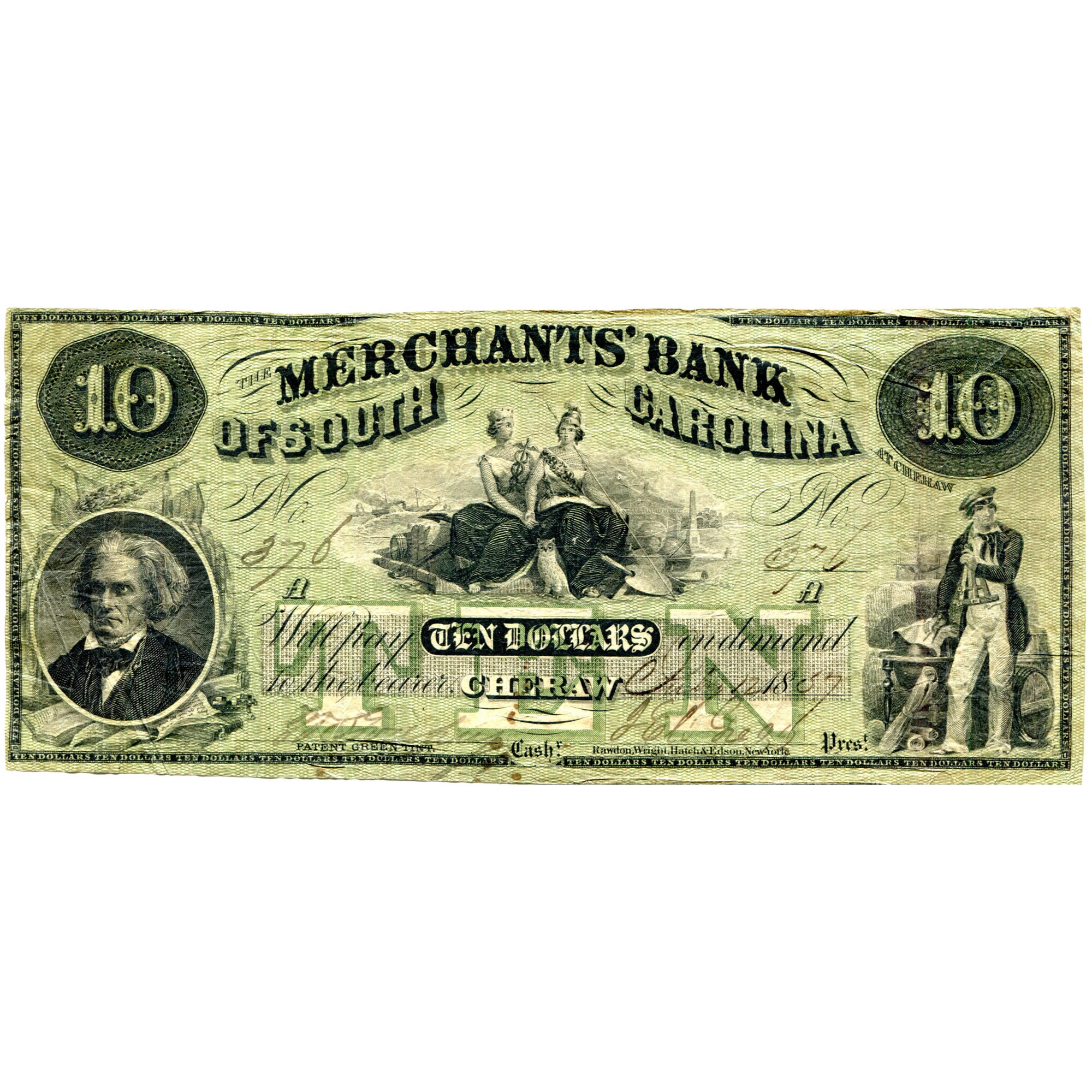 South Carolina Cheraw 1857 $10 Merchants Bank of South Carolina SC-60 G12a VF