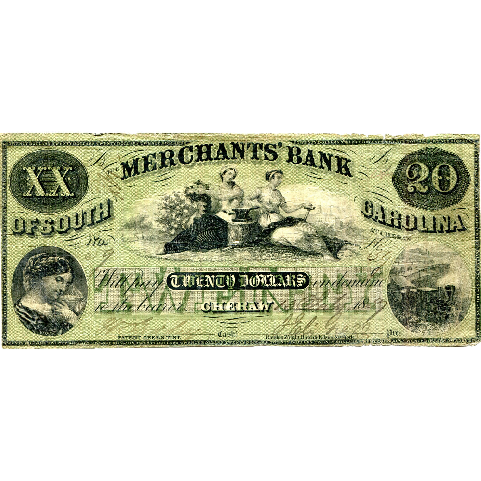 South Carolina Cheraw 1857 $20 Merchants Bank of South Carolina SC-60 G16a Fine