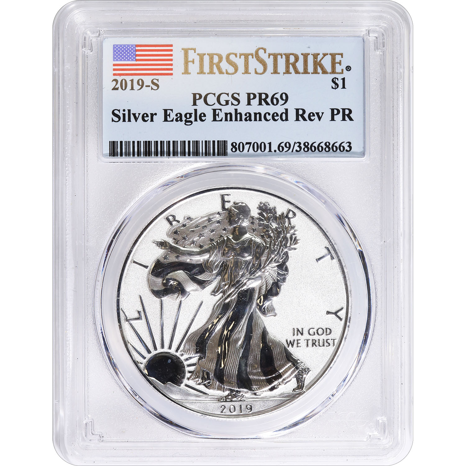 Certified Enhanced Reverse Proof Silver Eagle 2019-S PR69 PCGS First Strike