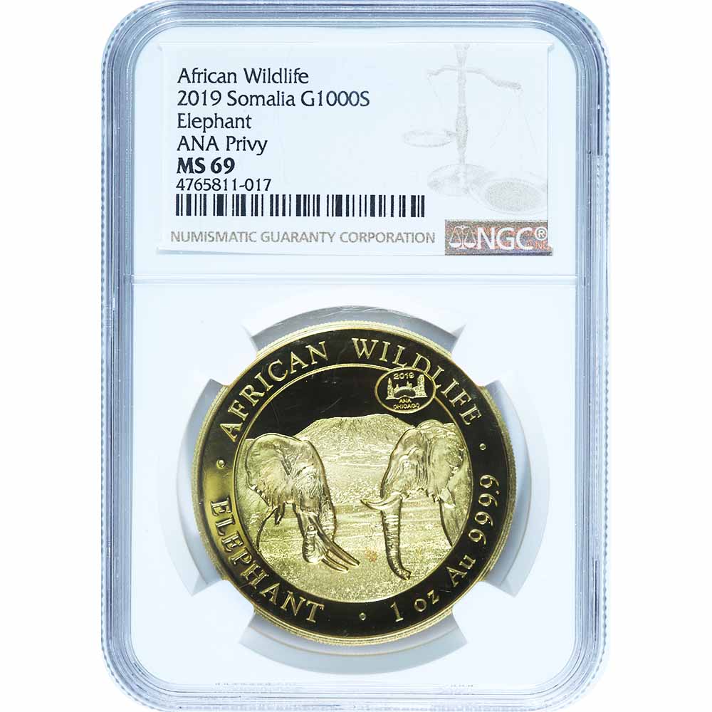 Somalia Gold Elephant 2019 MS69 NGC ANA Privy