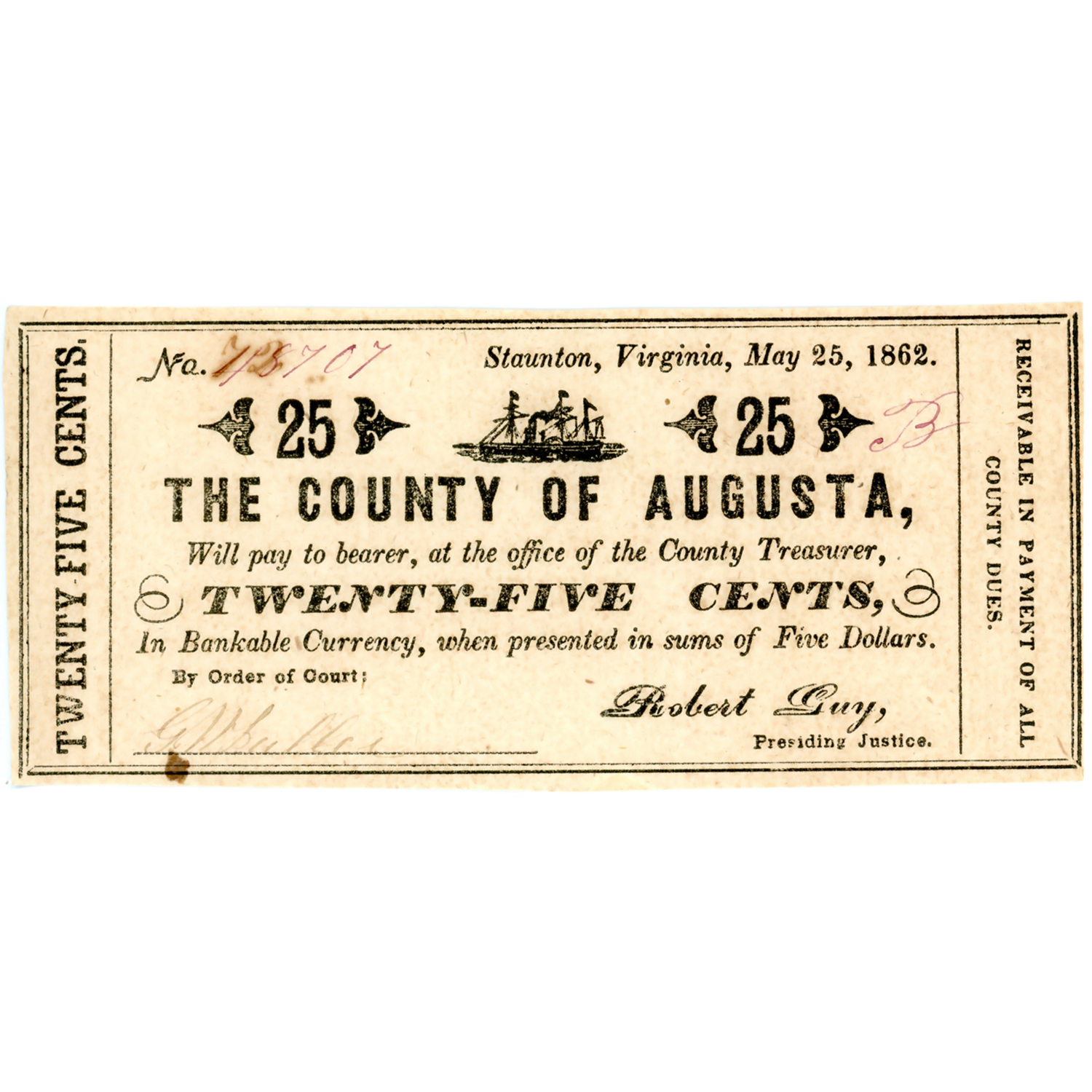 Virginia Staunton 25 Cents 1862 County Note UNC