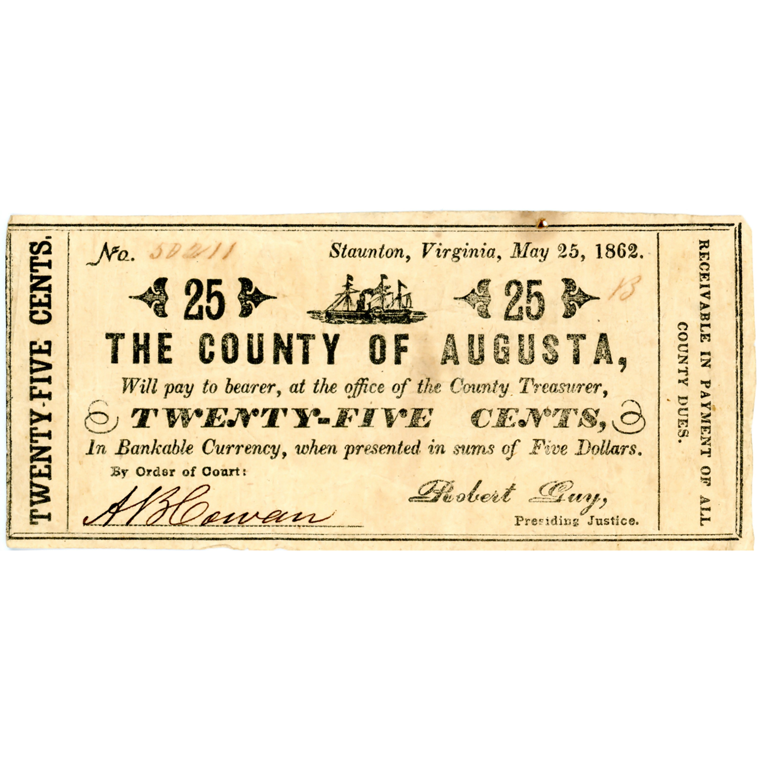 Virginia Staunton 25 Cents 1862 County Note VF