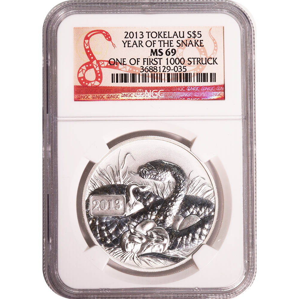 Tokelau $5 Silver 1 Oz. 2013 Year of the Snake MS69 NGC