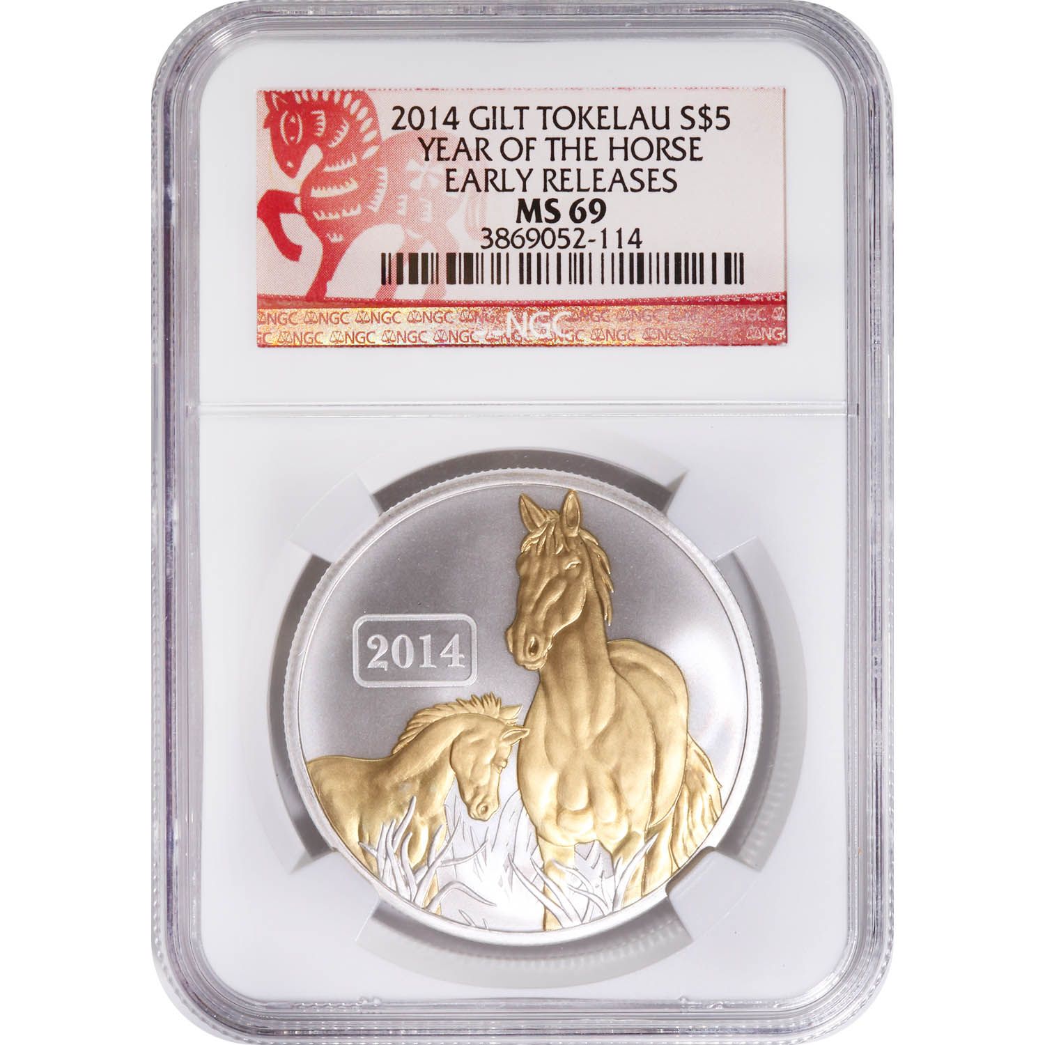 Tokelau $5 Gilded Silver 1 Oz. 2014 Year of the Horse MS69 NGC