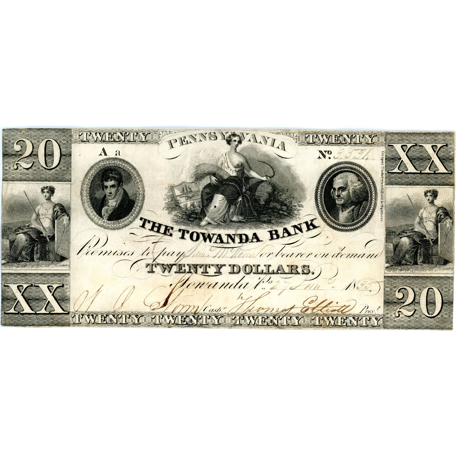 Pennsylvania Towanda 1835 $20 Towanda Bank XF