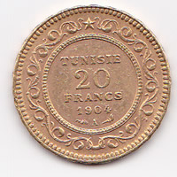 Tunisia 20 francs gold 1904