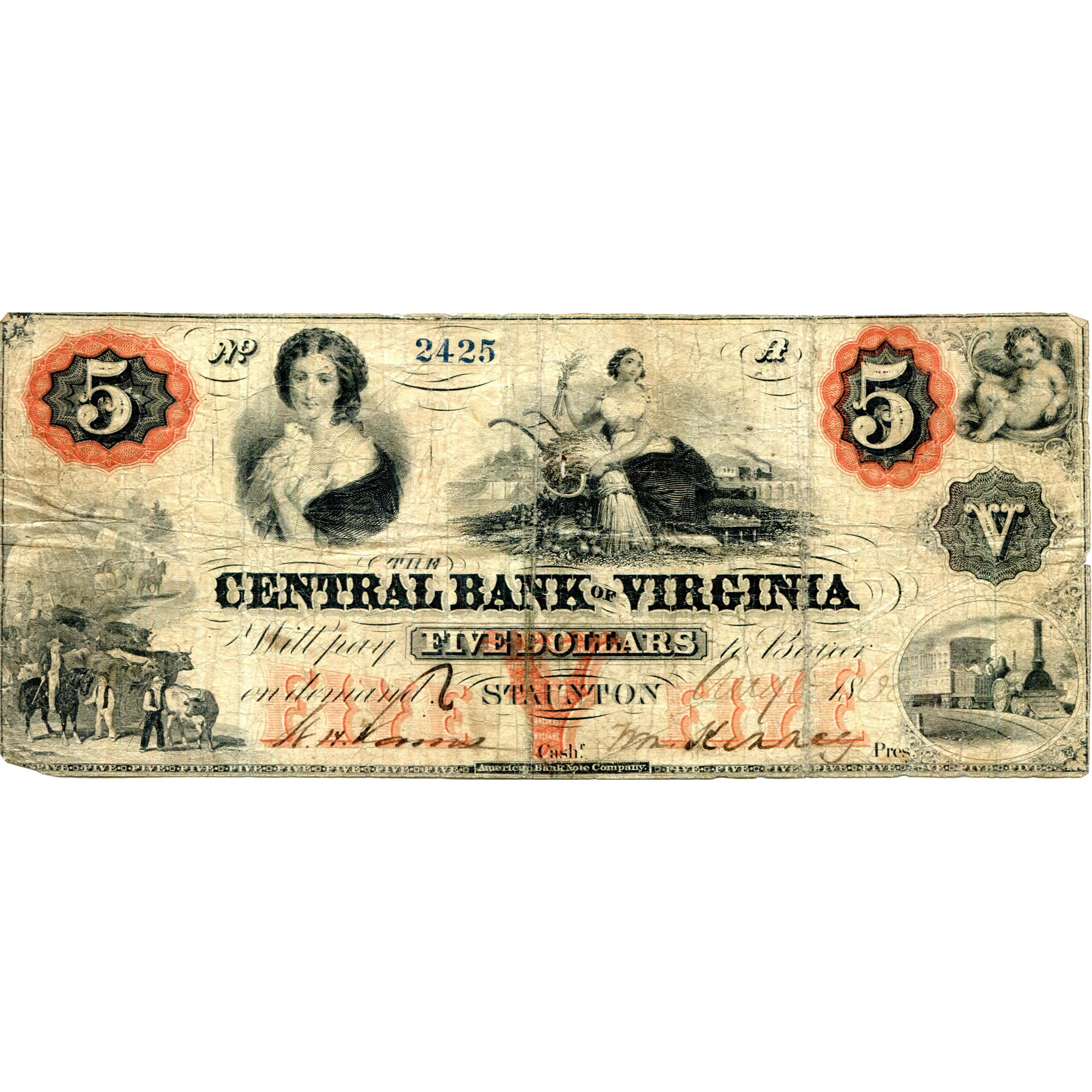 Virginia Staunton 1860 $5 Central Bank of Virginia VA-220 G16a VG