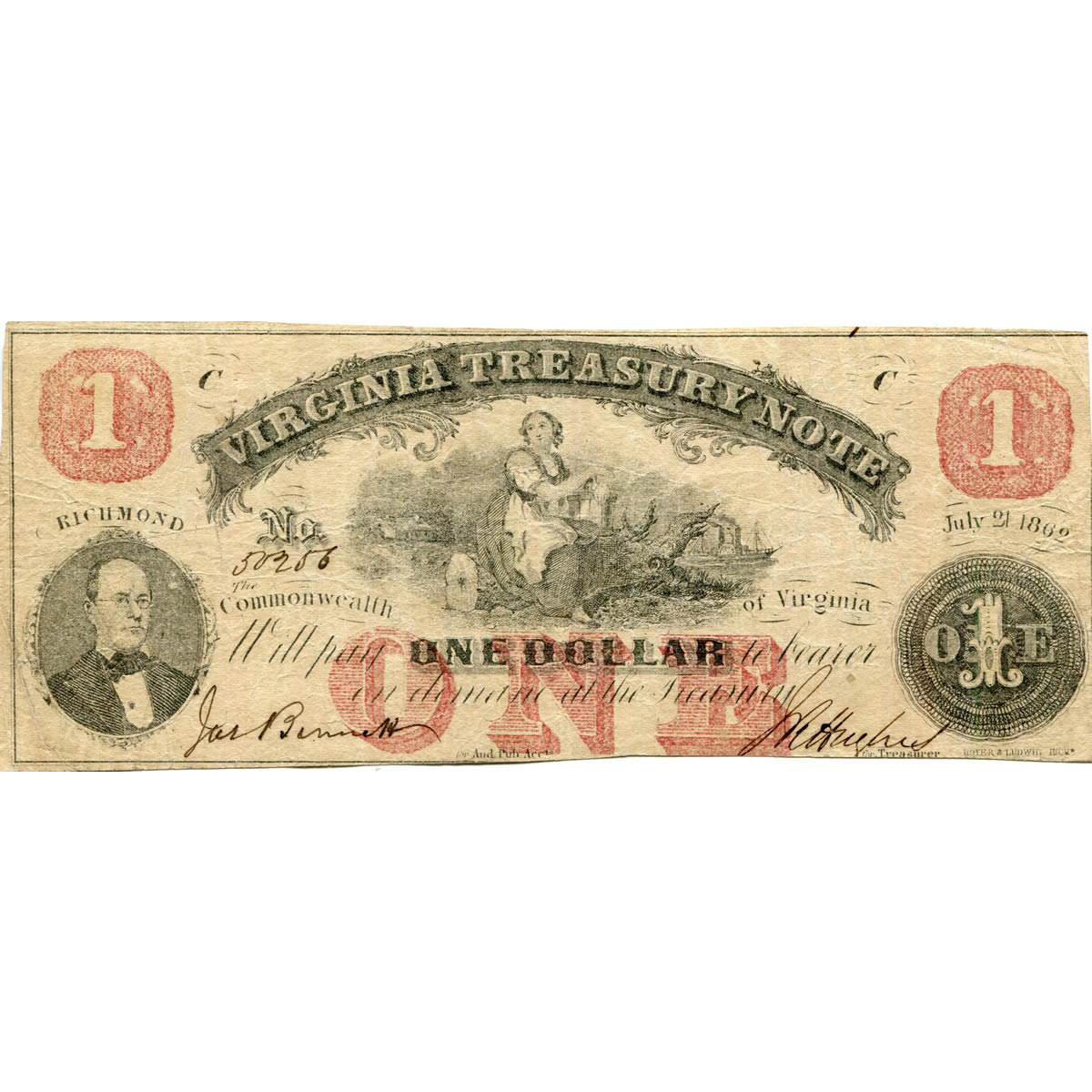 Virginia Richmond 1862 $1 Treasury Note VA-7A XF