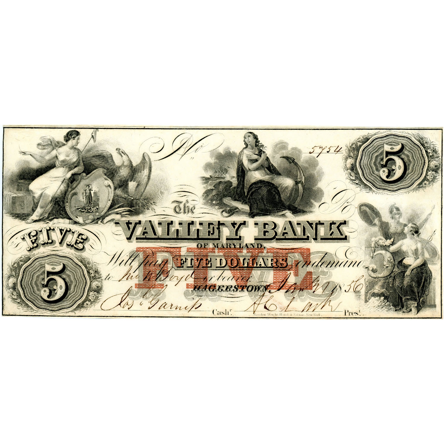 Maryland Hagerstown 1856 $5 Valley Bank MD-245 G6a AU