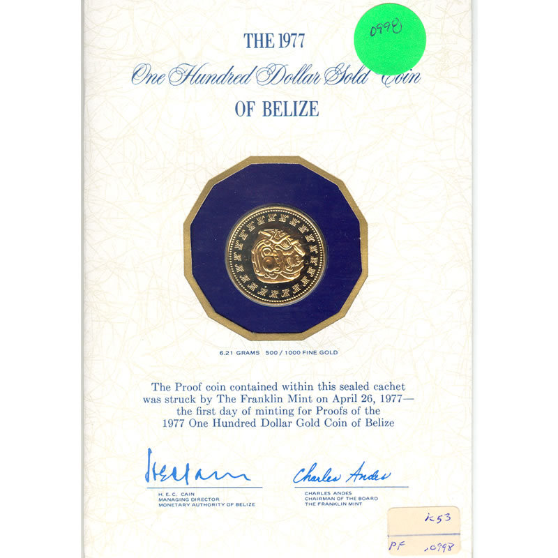 Belize $100 Dollar Gold Proof 1977 Kinich Ahau