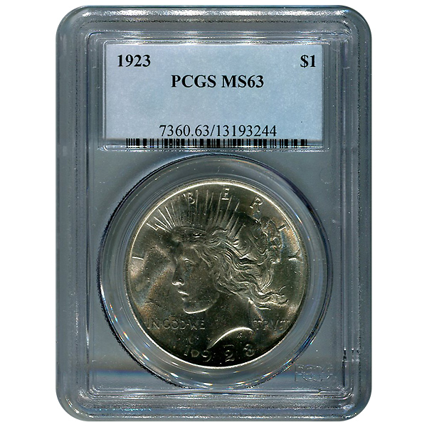 Certified Peace Silver Dollar 1923 MS63 PCGS