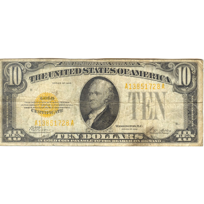 1928 $10  small size gold certificate G-VG