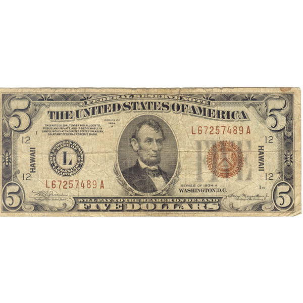 1934A Hawaii $5 Federal Reserve Note F