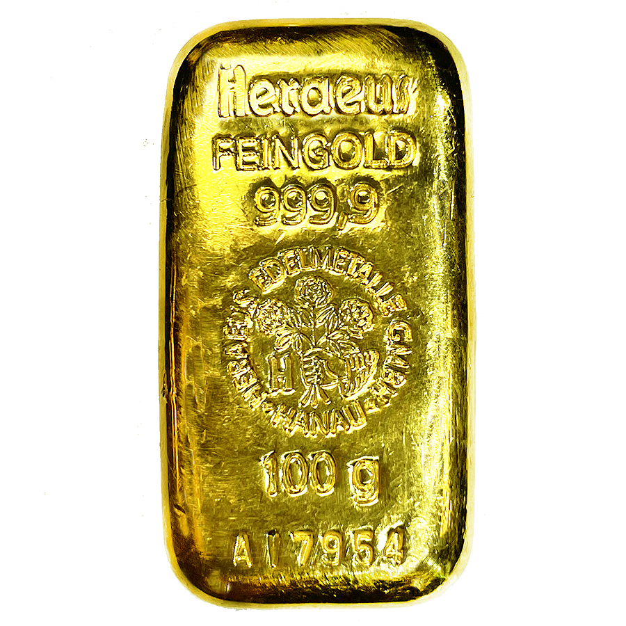Heraeus Suisse 100 Gram Gold Bar - Poured Design