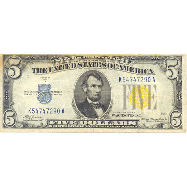 1934A $5 North Africa Silver Certificate VF