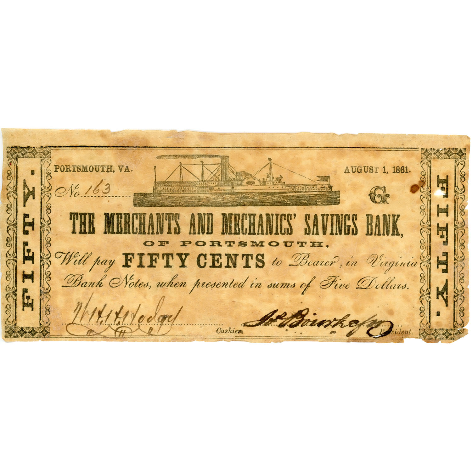 Virginia Portsmouth 1861 50 cents Merchants & Mechanics' Savings Bank VG