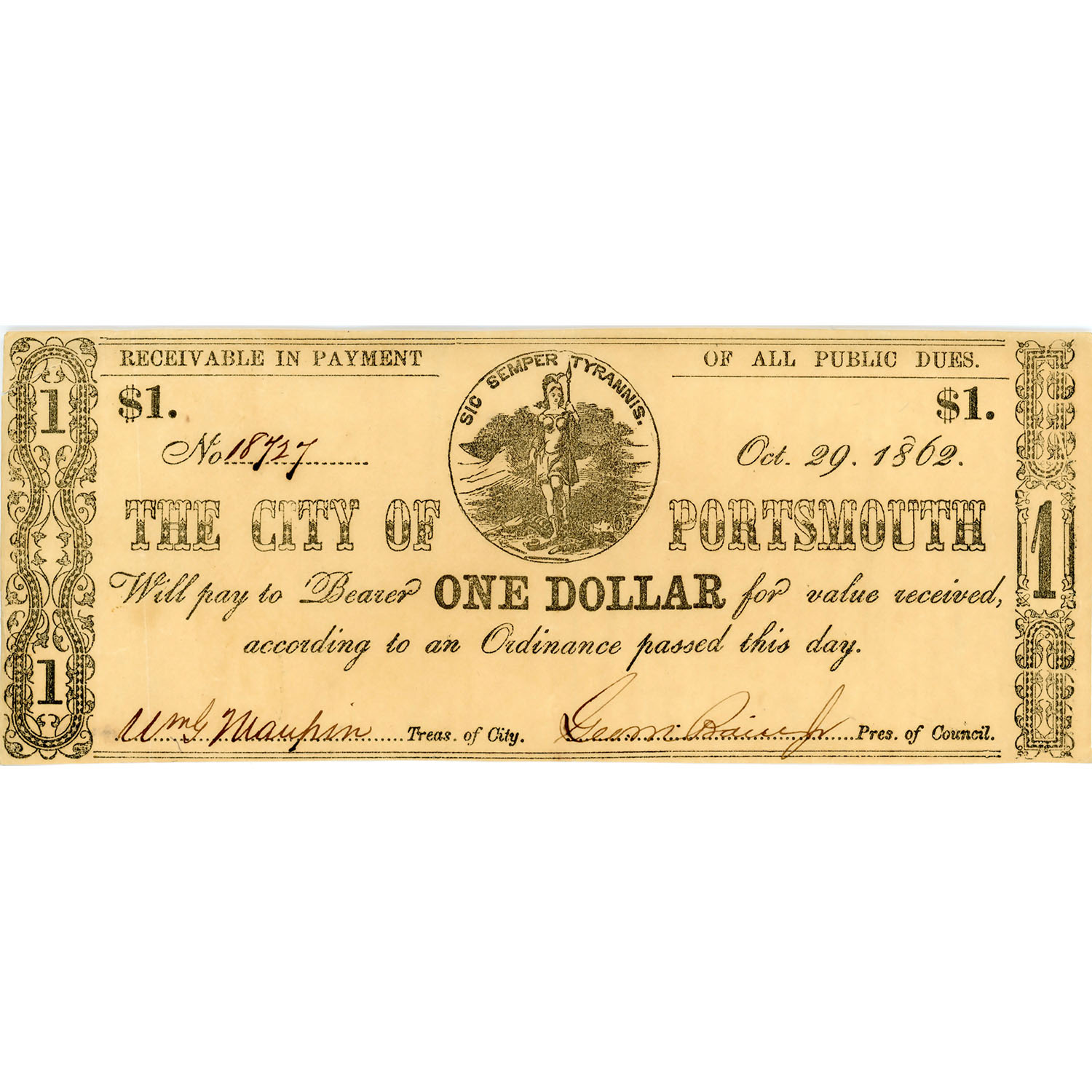 Virginia Portsmouth 1862 $1 Bearer note City of Portsmouth XF